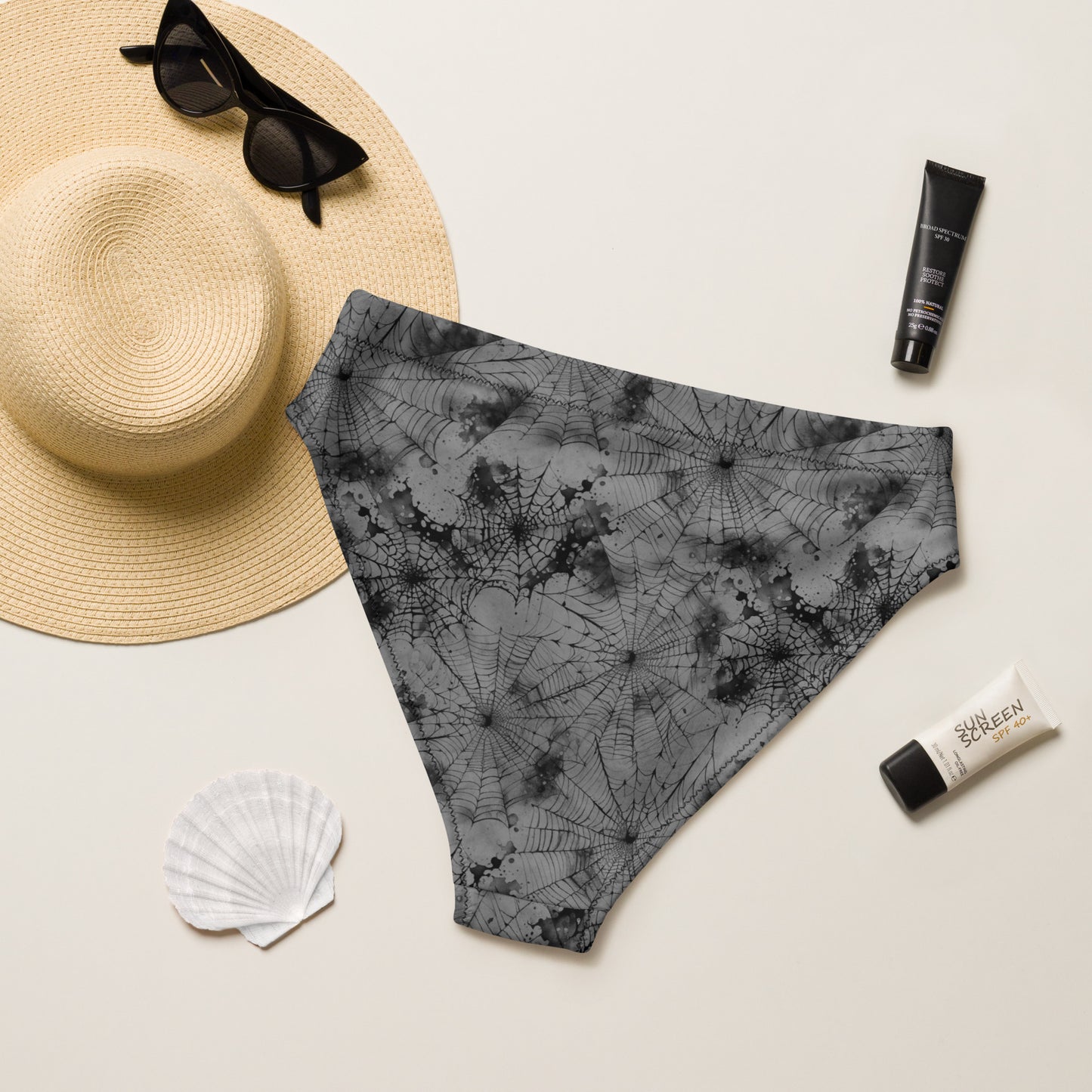 Gray Spiderweb high-waisted bikini bottom