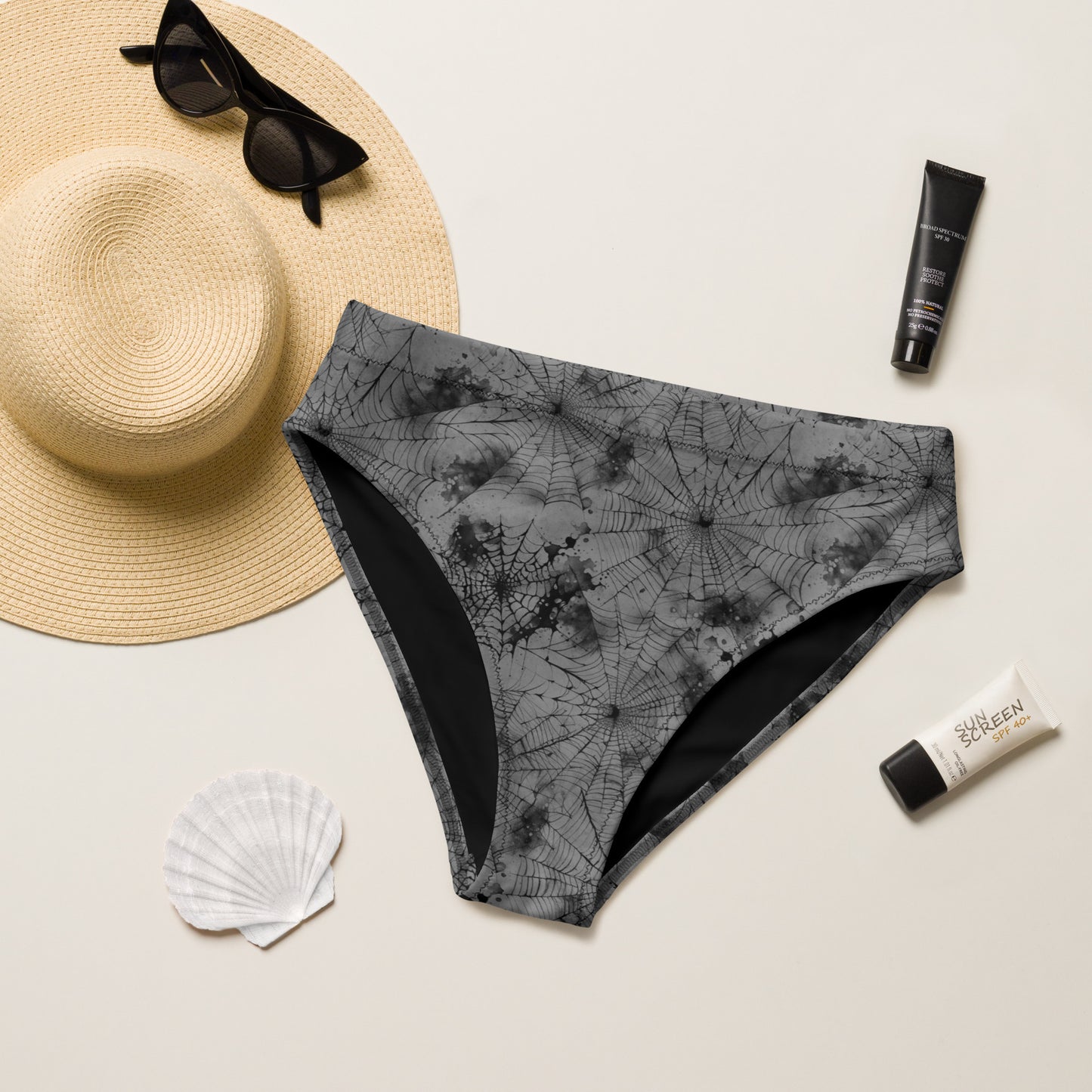 Gray Spiderweb high-waisted bikini bottom