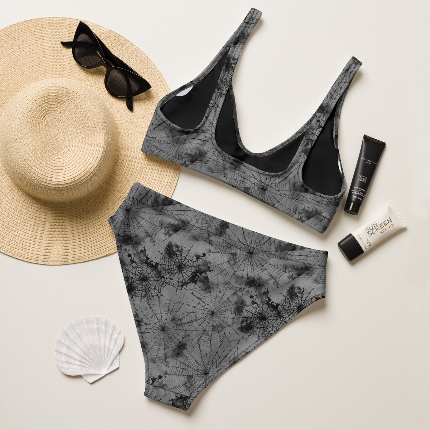 Gray Spiderweb high-waisted bikini