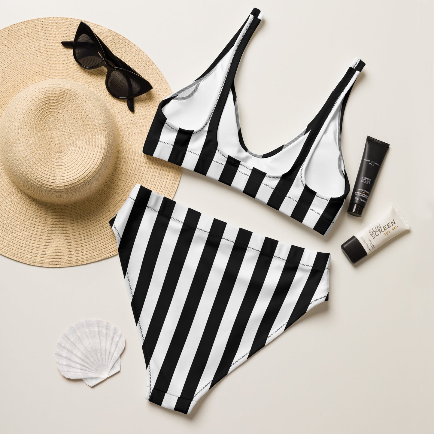 Black and White Stripe high-waisted bikini