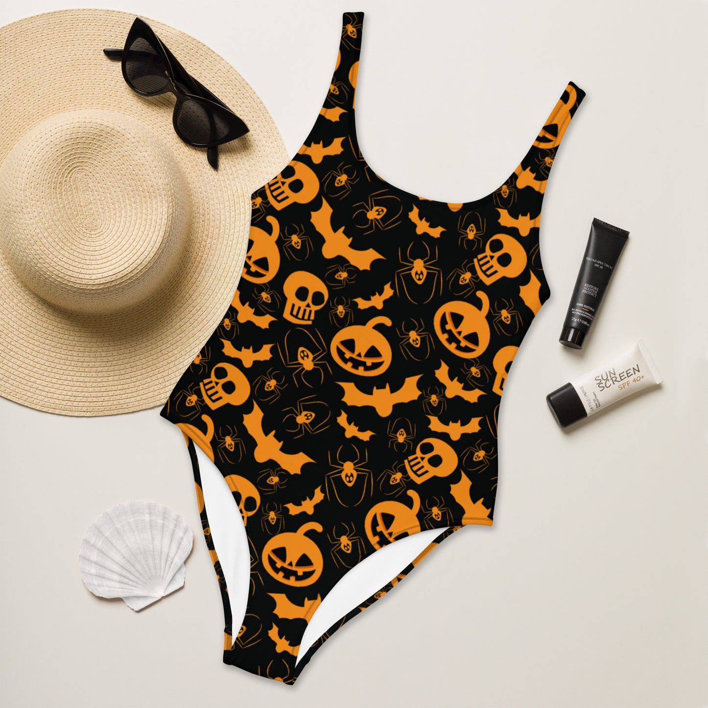 Jack-O-Lantern and Bat Pattern One-Piece Swimsuit