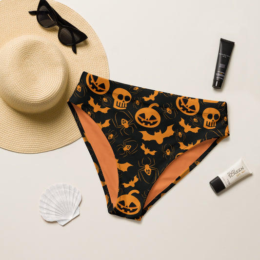 Jack-O-Lantern and Bat Pattern high-waisted bikini bottom