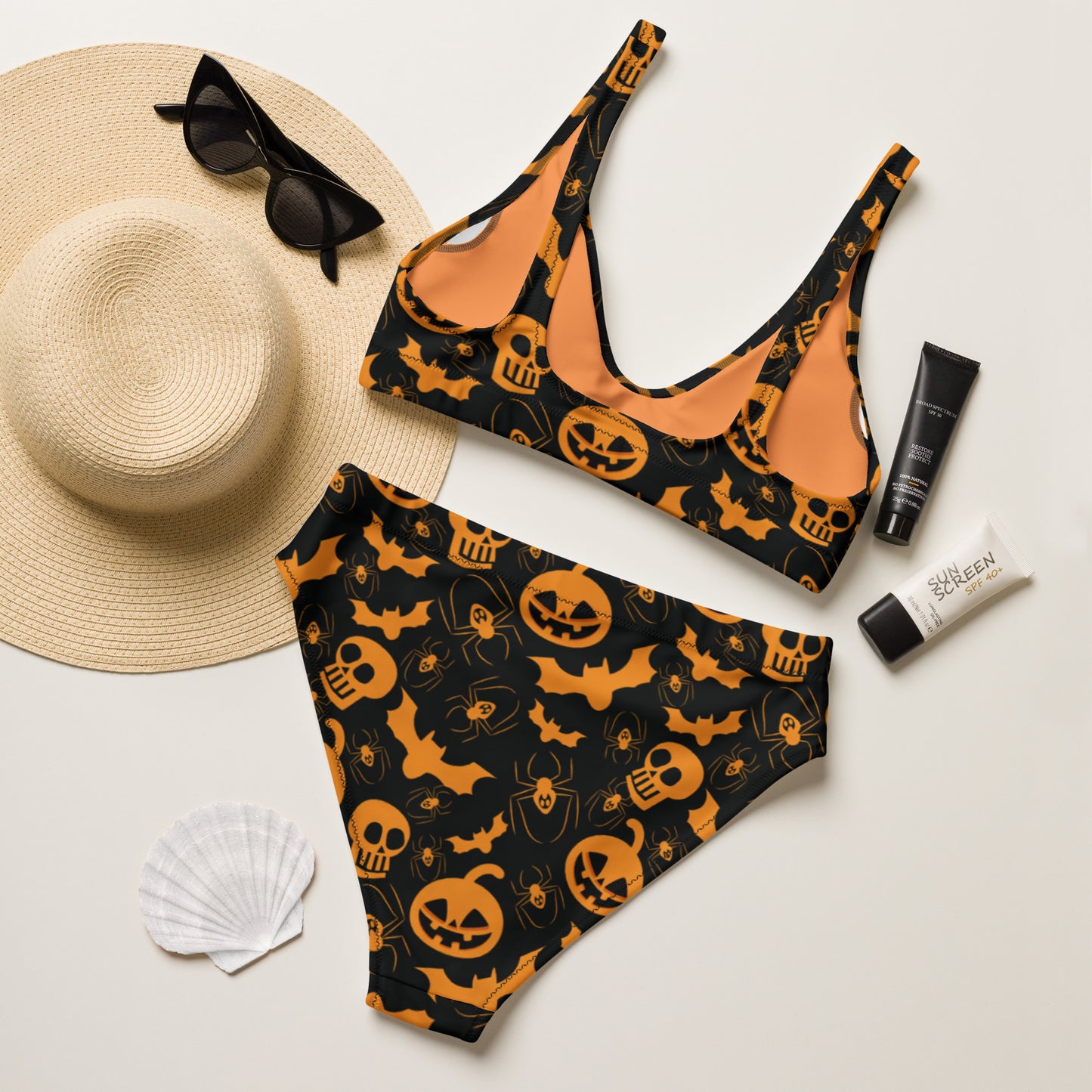 Jack-O-Lantern and Bat Pattern high-waisted bikini