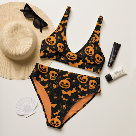 Jack-O-Lantern and Bat Pattern high-waisted bikini